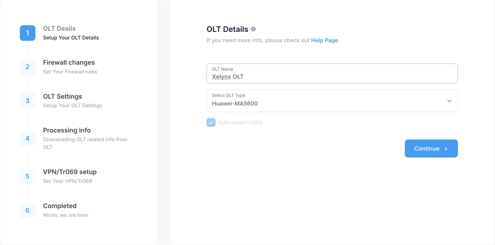 Add OLT wizard, step 1, with fields for the OLT name and Huawei OLT model selection