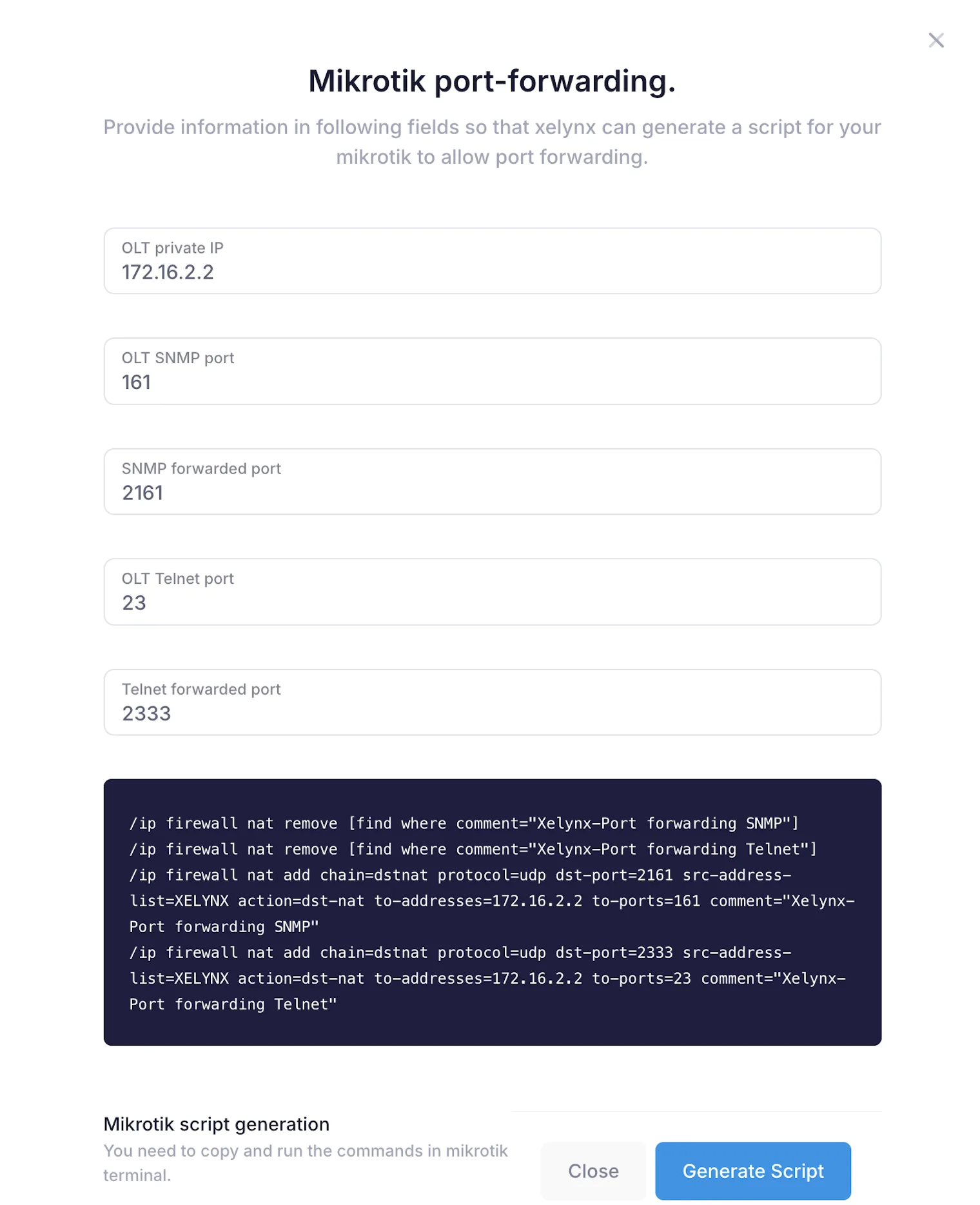 Port-forwarding script generator where you enter your details to produce a Mikrotik dst-nat script
