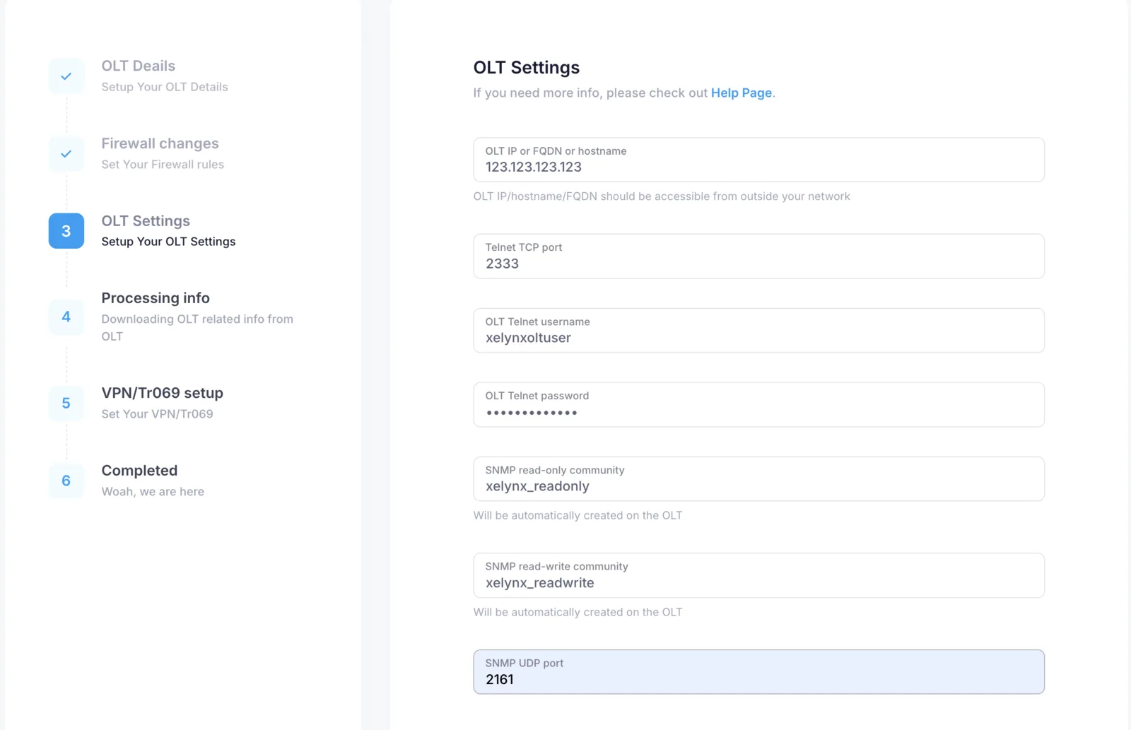 OLT access details form with fields for IP, Telnet port and credentials, SNMP communities, and SNMP port