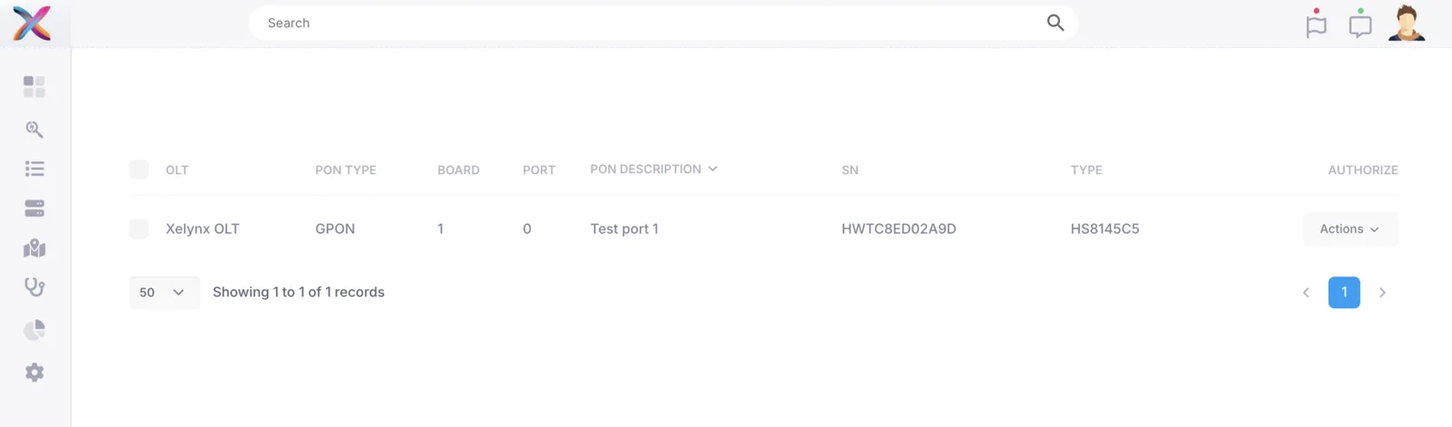 Xelynx autofind page listing unconfigured ONUs detected on the OLT's PON ports, with an actions dropdown for each entry