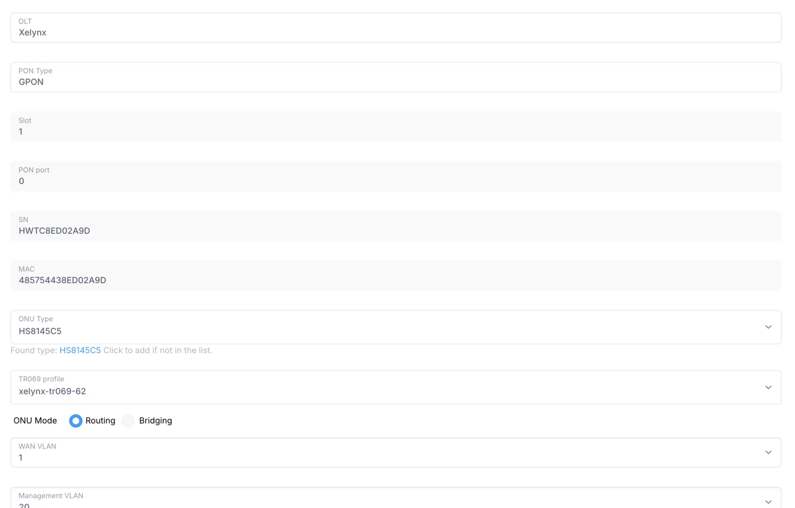 Add/Authorize ONU form with the new ONU's details pre-filled, including the ONU type and management VLAN