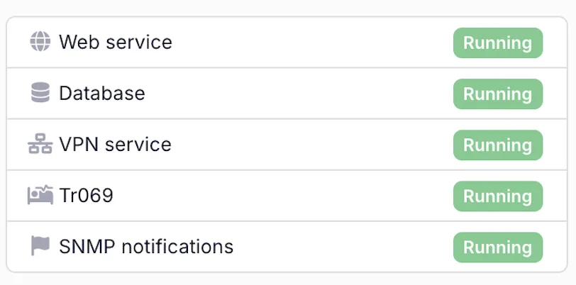 Status panel listing the web, database, VPN, Tr069 and SNMP notification services