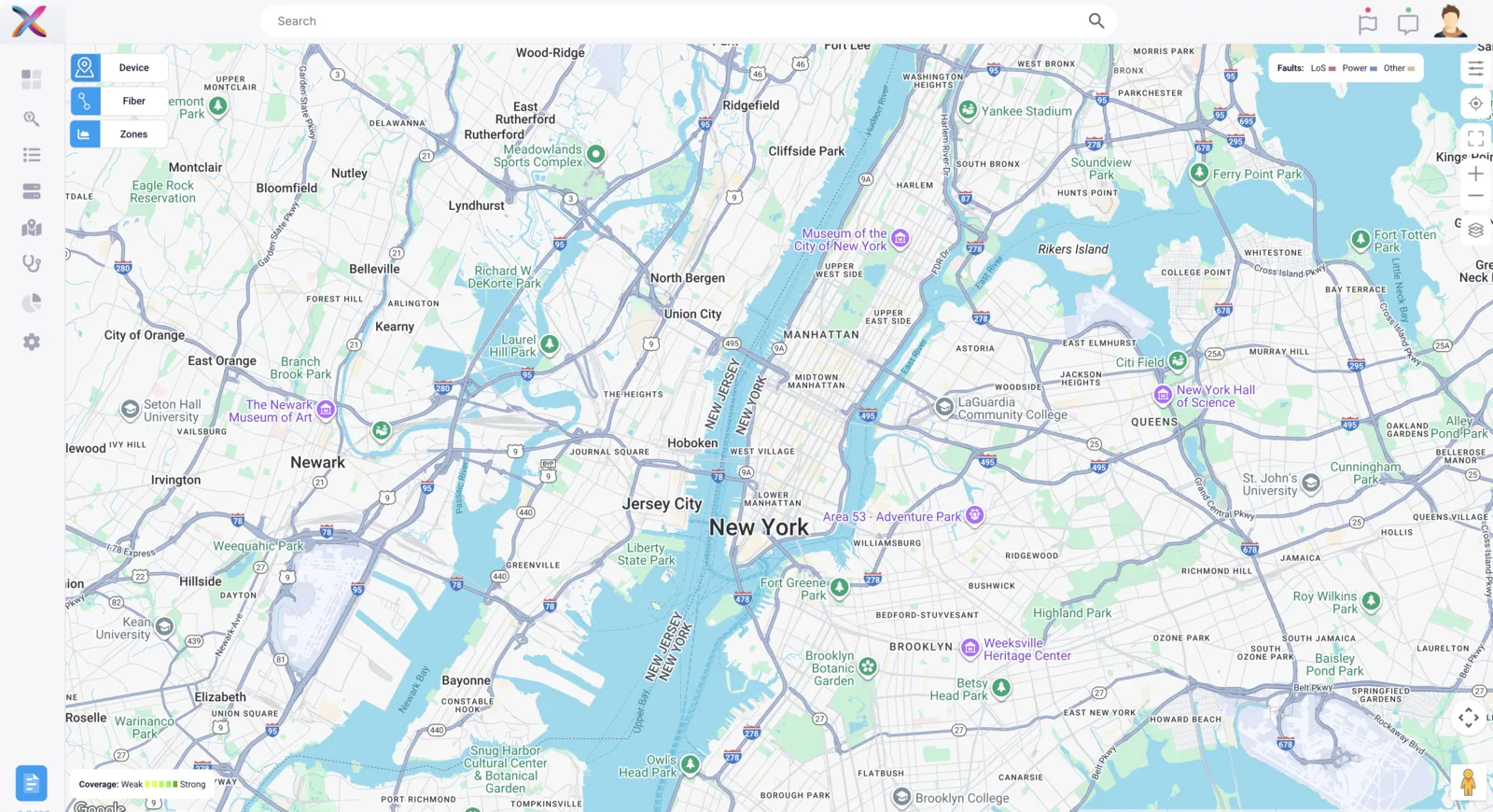 The Xelynx Maps workspace showing a fiber network with infrastructure markers, fiber runs and overlays on the map