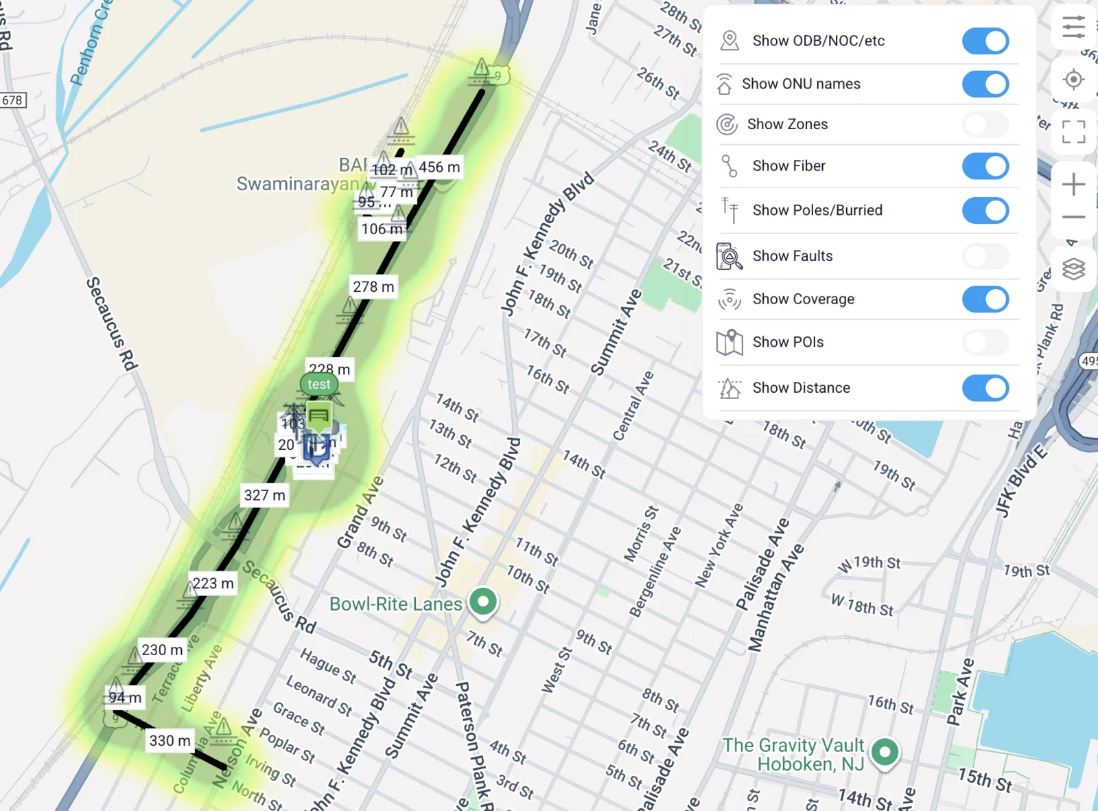 Map with fiber distances, markers, coverage and ONU name overlays enabled