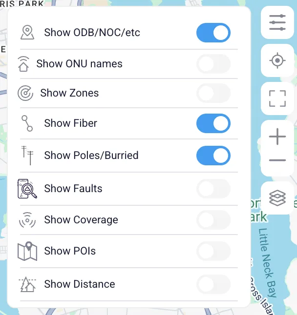 Layer toggle menu with switches for ODB/NOC, ONU names, zones, fiber, poles, faults, coverage, POIs and distance