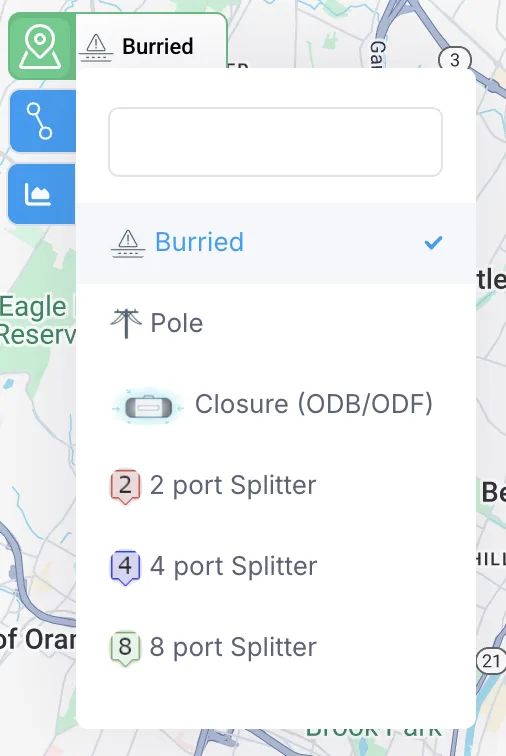 Palette of fiber infrastructure elements available for placement on the map