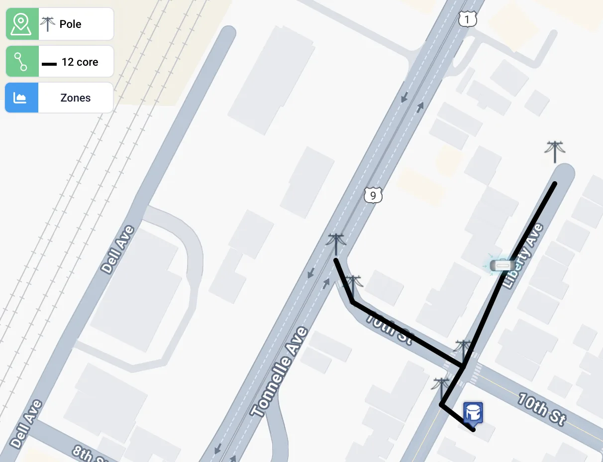 Two infrastructure elements on the map connected by a fiber cable run