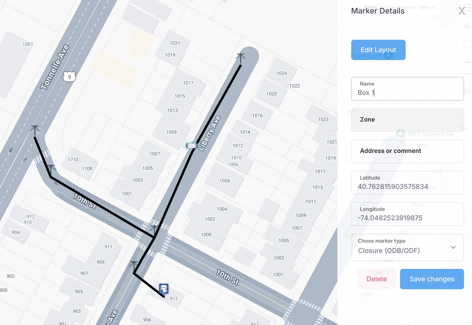 Element details panel opening from the left side after double-clicking a map element