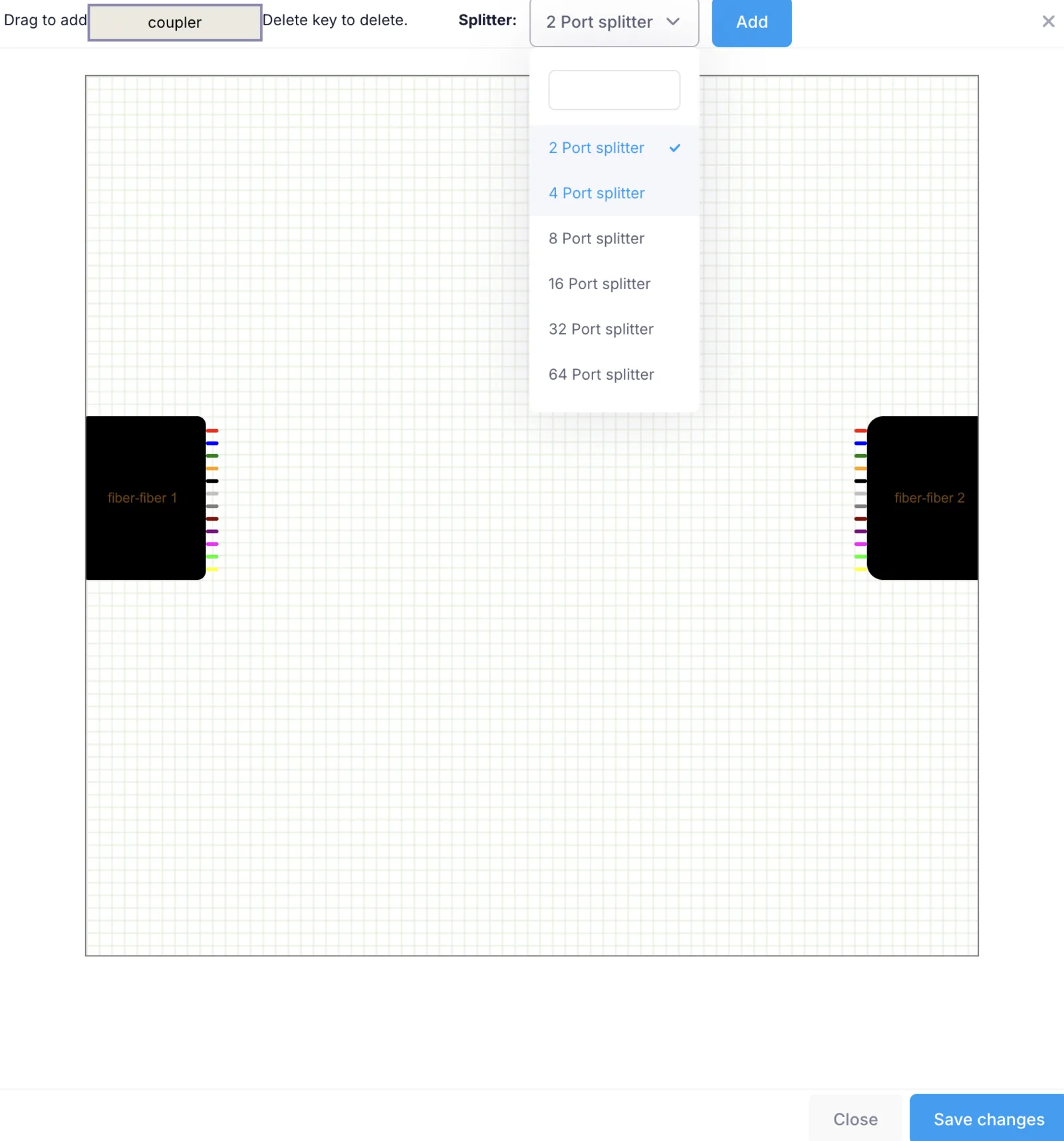 Layout editor for a closure box showing incoming and outgoing fiber cores and splitters