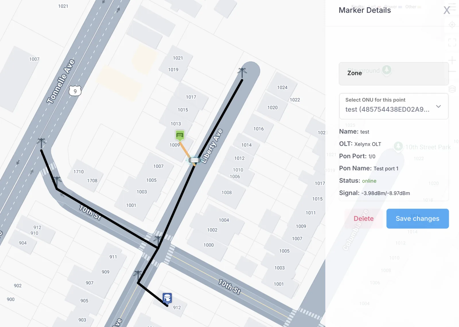 ONU marker on the map with a dropdown list for linking it to a provisioned ONU