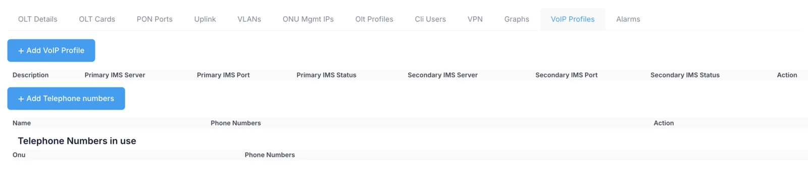 VoIP profiles tab with options to add, modify and delete profiles and assign numbering pools