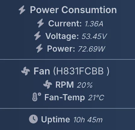 Power consumption, fan status and up-time readouts for the OLT