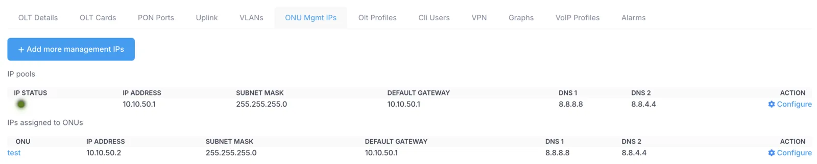 ONU management IPs tab showing IP pools, their reachability and the ONUs assigned to each IP