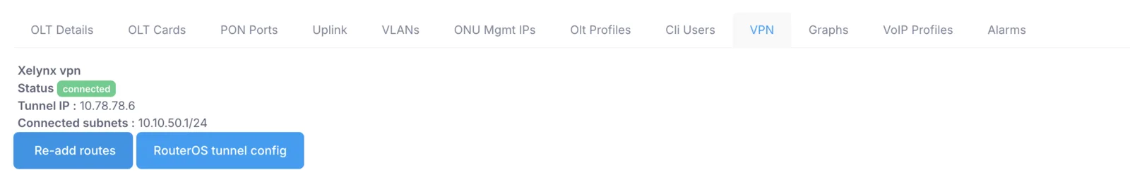 VPN tab showing VPN status, routed management pools and the MikroTik client script