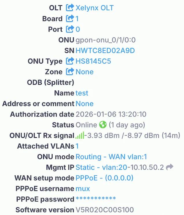 The ONU details panel listing OLT, board, port, ONU path, serial number, type, zone, name, authorization date, status, ONU mode, WAN setup mode, management IP and software version