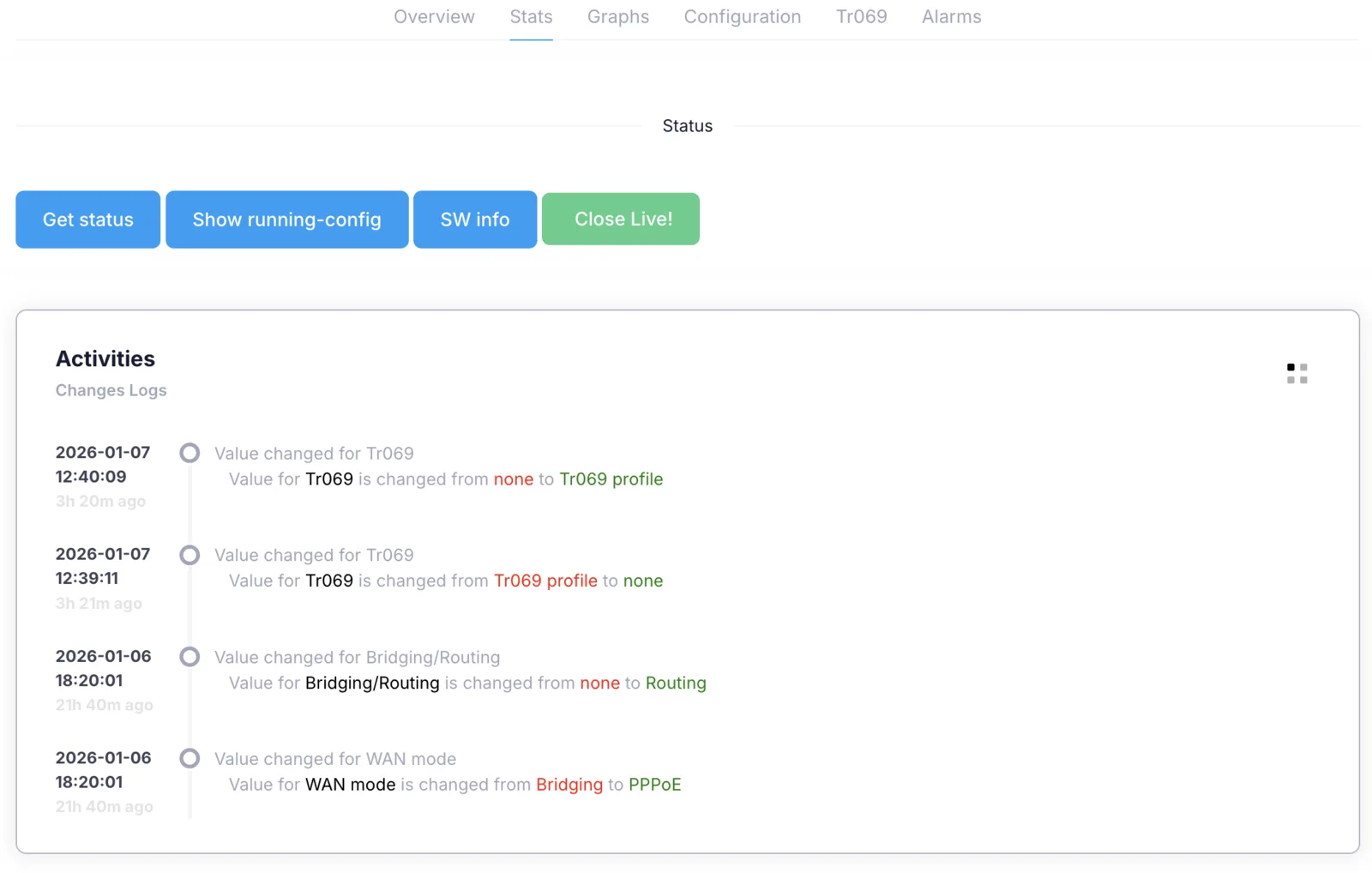 The Stats and Logs tab showing the ONU log and detail queries fetched from the OLT