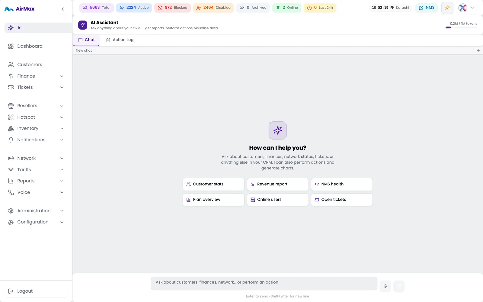 Xelynx AI Assistant home screen with suggested prompts