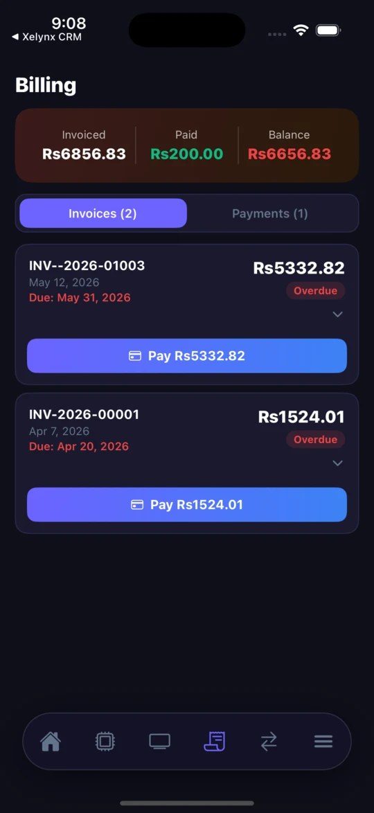 Customer app billing — invoices and online payment
