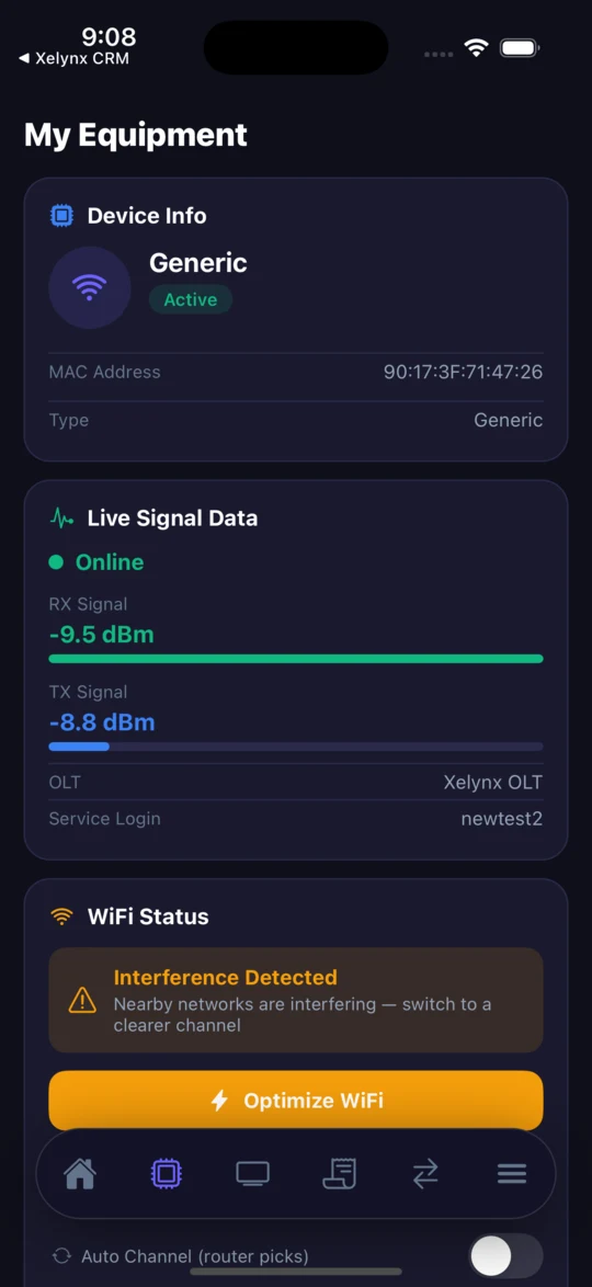 Customer app CPE view with live signal, WiFi interference detection and one-tap Optimize WiFi