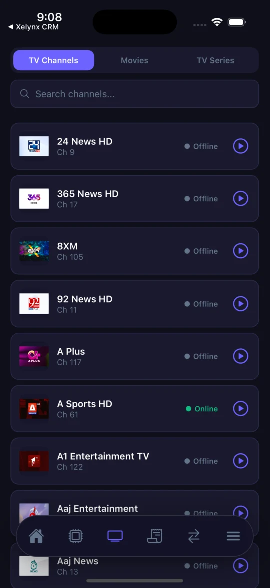 Customer app IPTV screen with live channels, movies and TV series