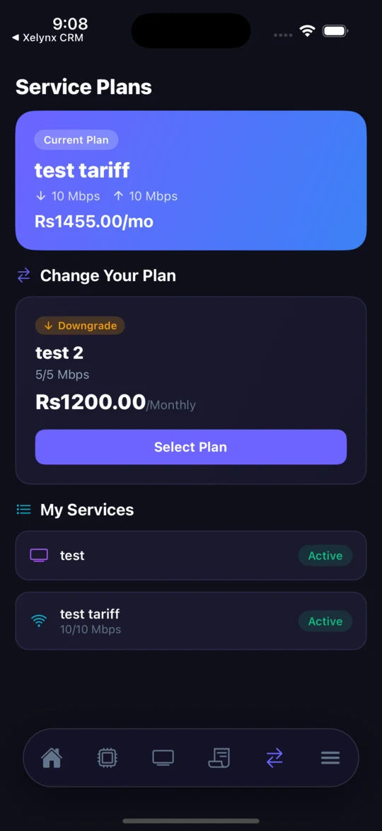 Customer app change-plan screen comparing the current plan with upgrade and downgrade options