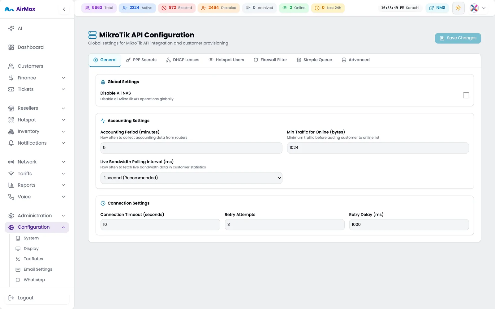 MikroTik API integration settings