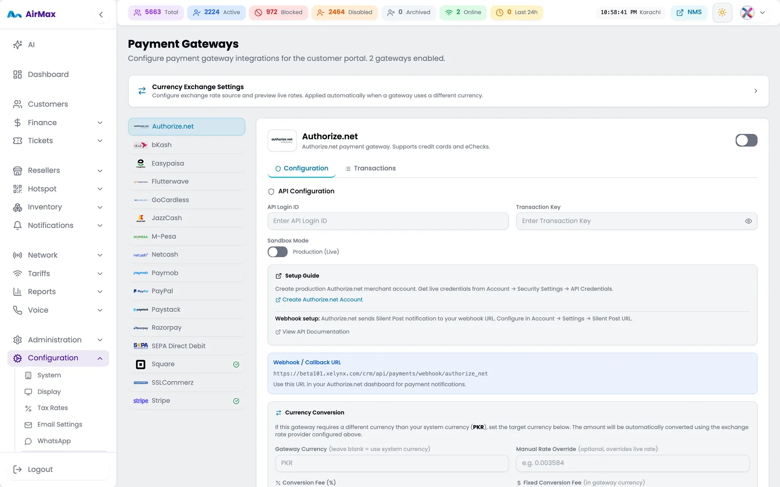 Payment gateway configuration with per-gateway toggles