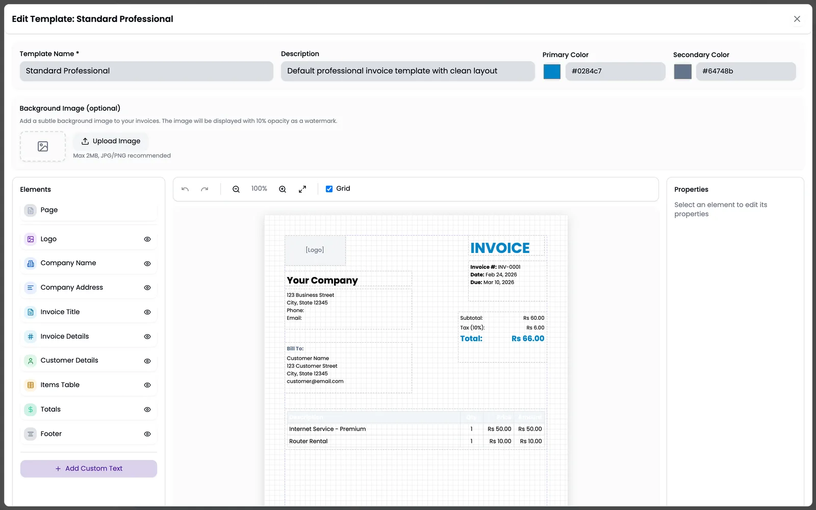 Visual invoice template editor with live preview