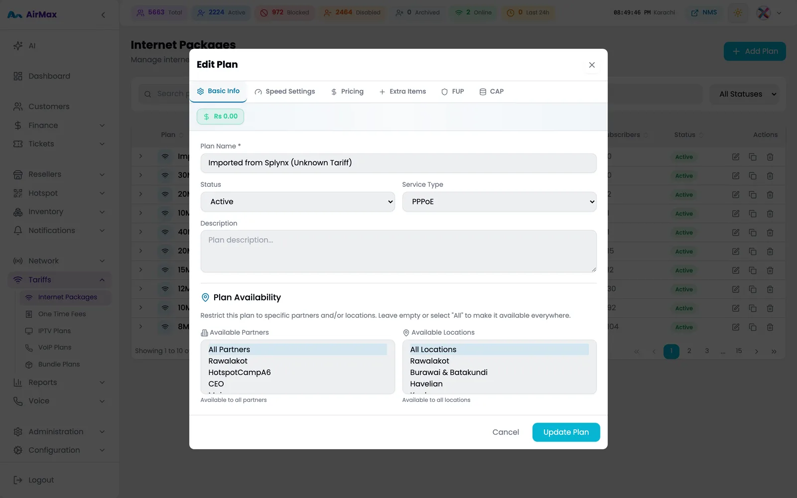Plan editor with Fair-Usage Policy and data CAP tabs