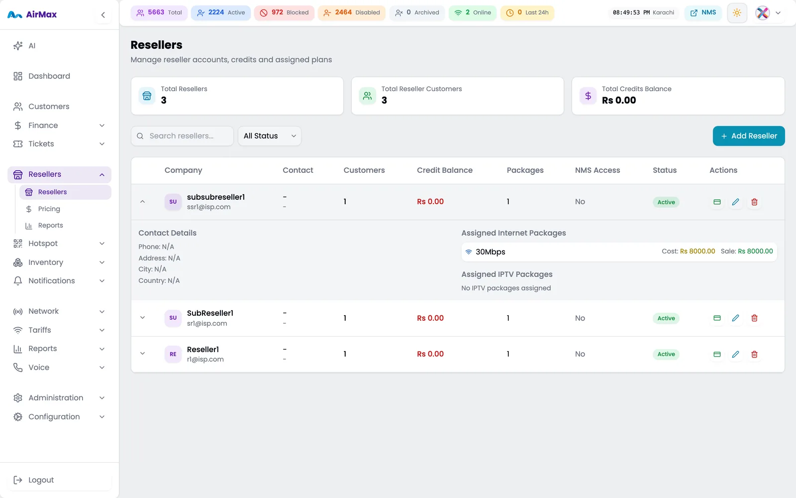 Reseller account showing credit balance, assigned internet and IPTV packages, NMS access and sub-resellers