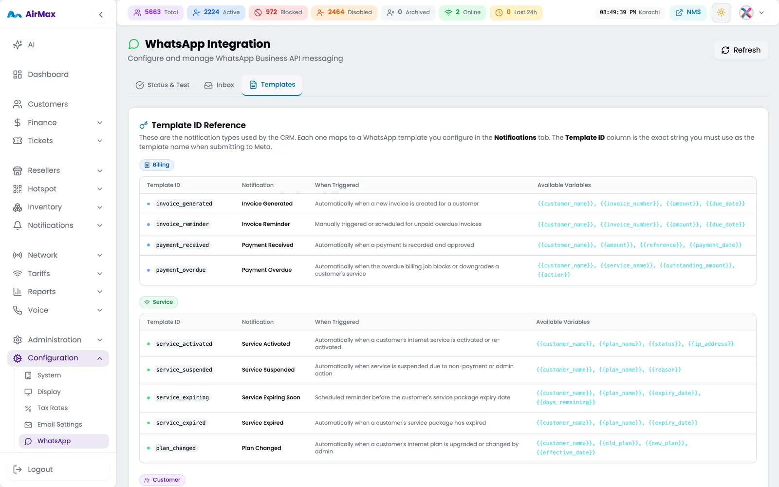 WhatsApp template reference mapped to CRM events