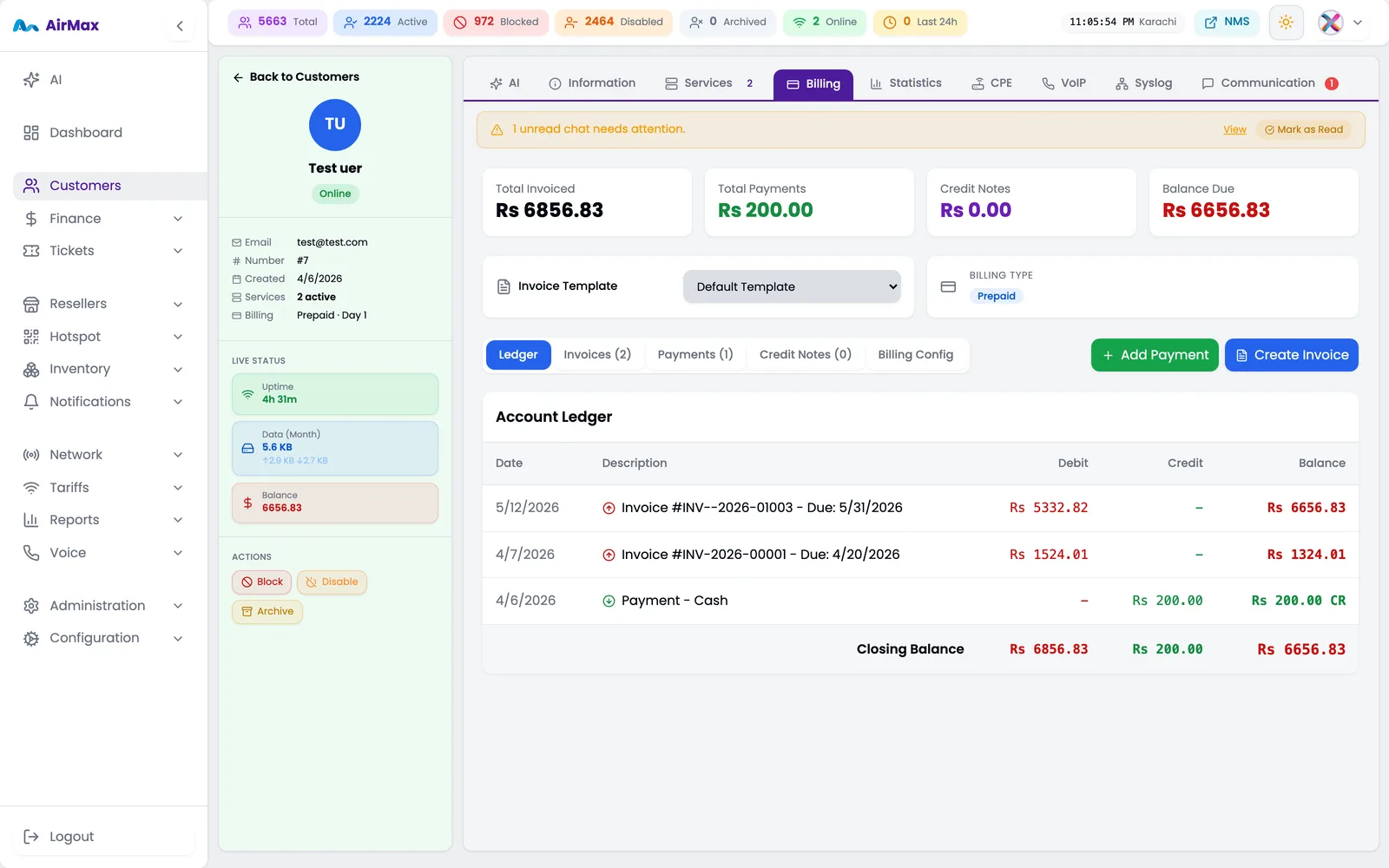 Customer billing tab with invoices and balance