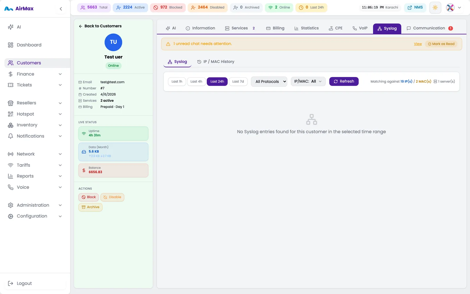 Per-customer Syslog tab inside the CRM