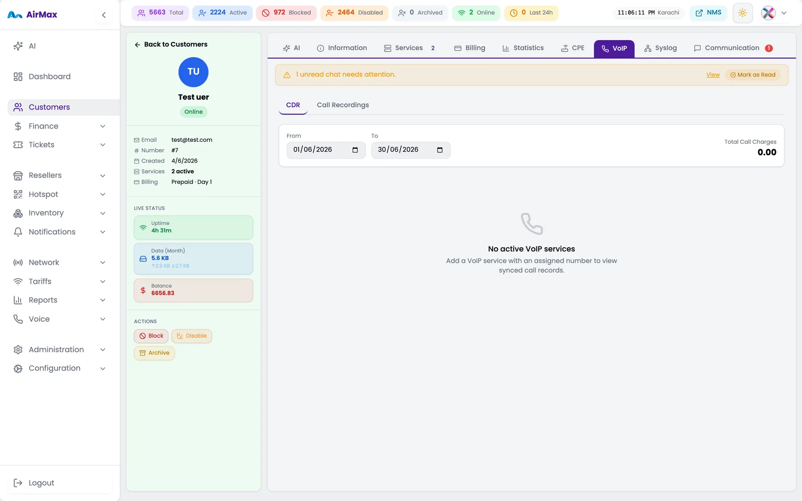 Per-customer VoIP tab with CDR history and call recordings