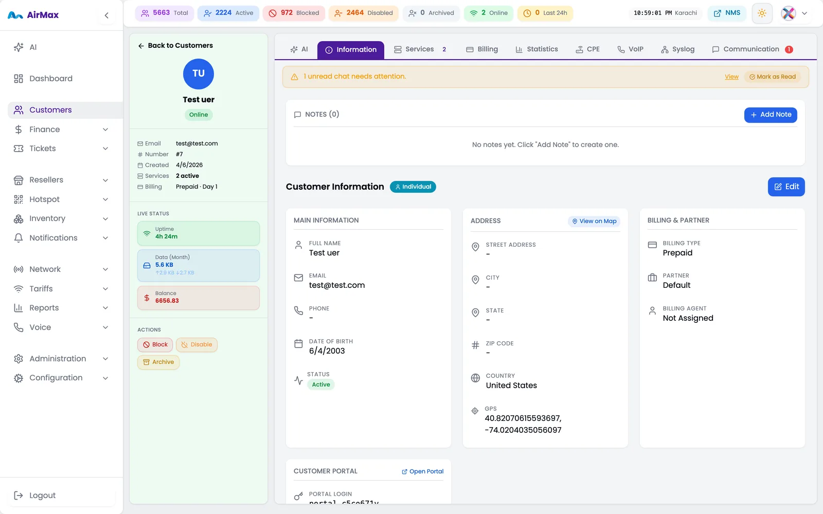 360° customer profile with live status rail and tabbed details
