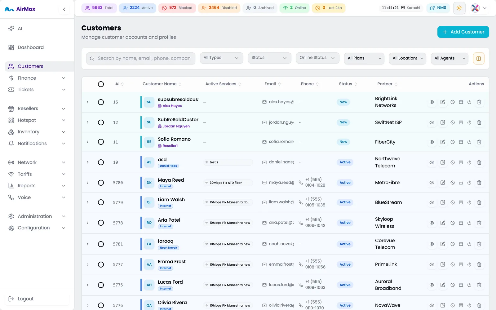 Searchable subscriber list with status, plan, partner and online state