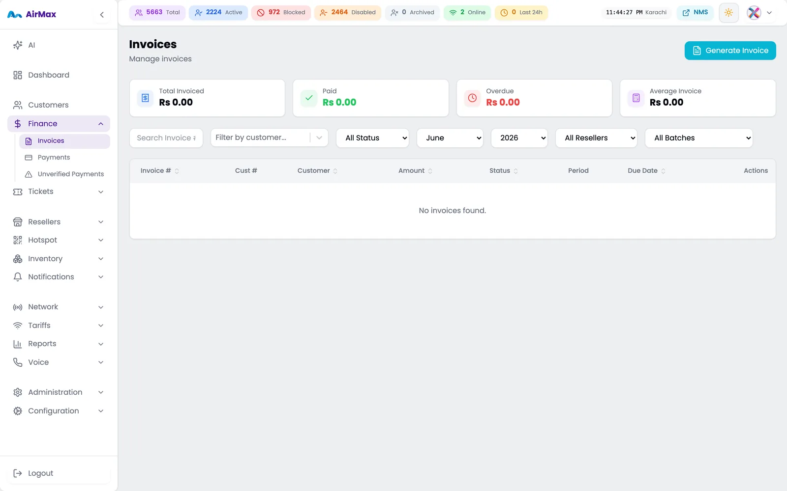 Invoice list with statuses and amounts