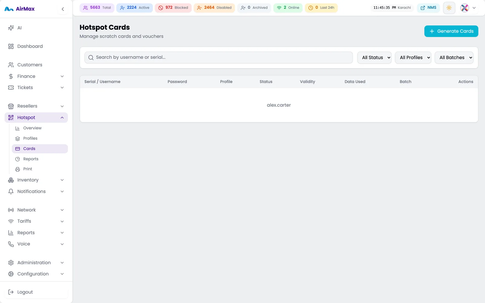 Generated hotspot voucher cards with status tracking