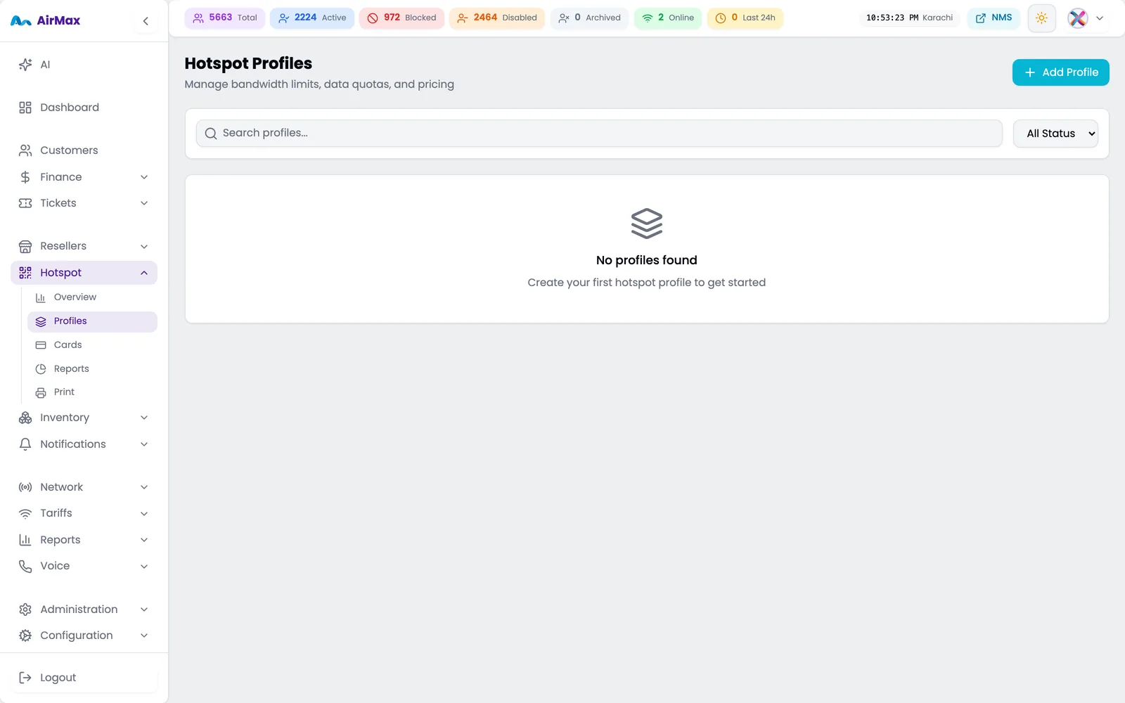 Hotspot voucher profiles with time and data limits