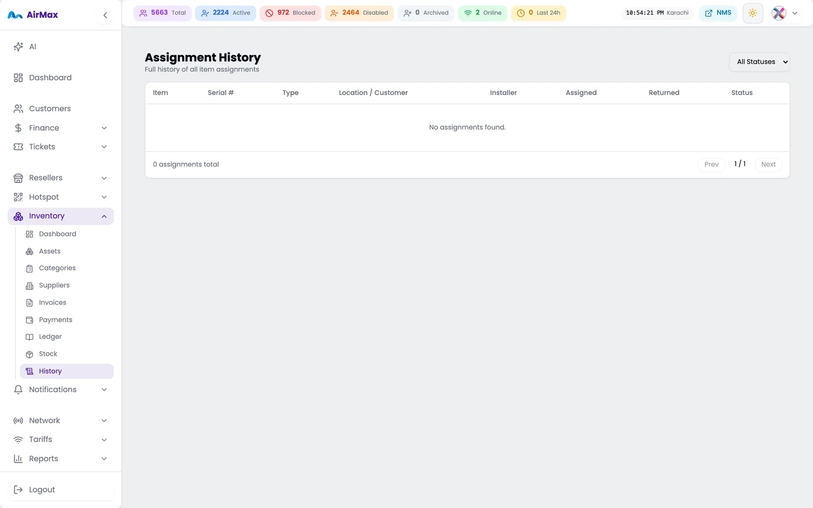 Assignment history with item, customer, installer and return dates