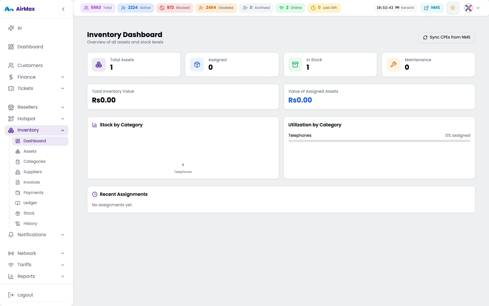 Inventory dashboard with asset counters, inventory value and stock by category