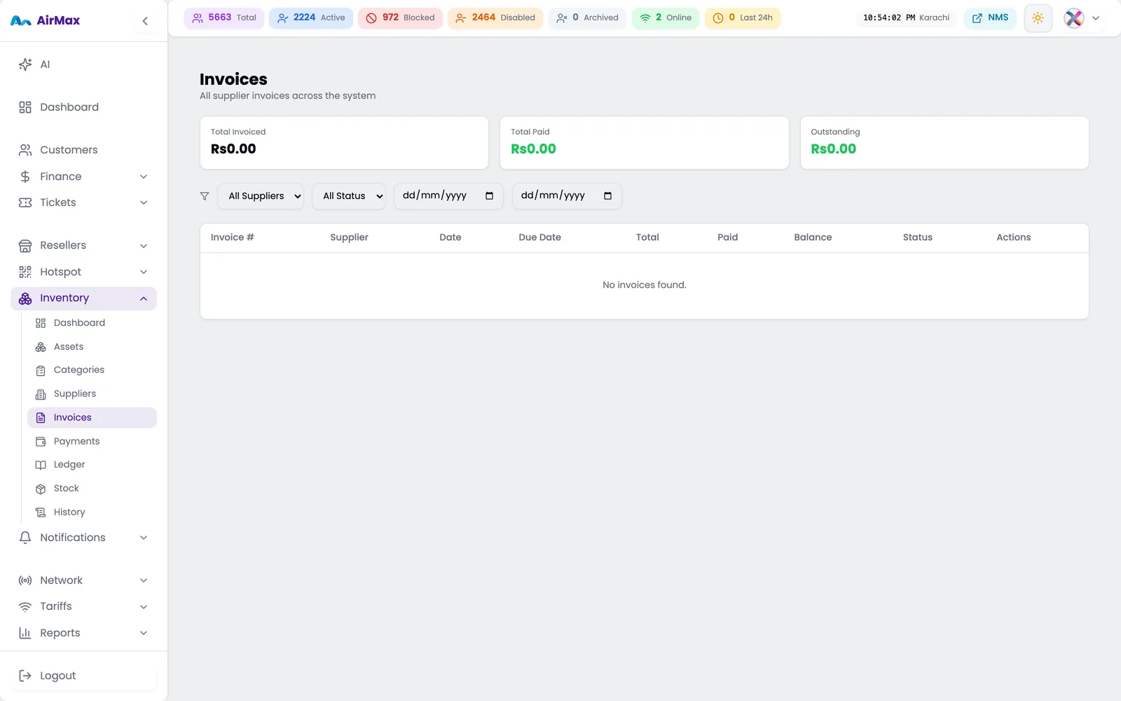 Purchase invoices filtered by supplier, status and date