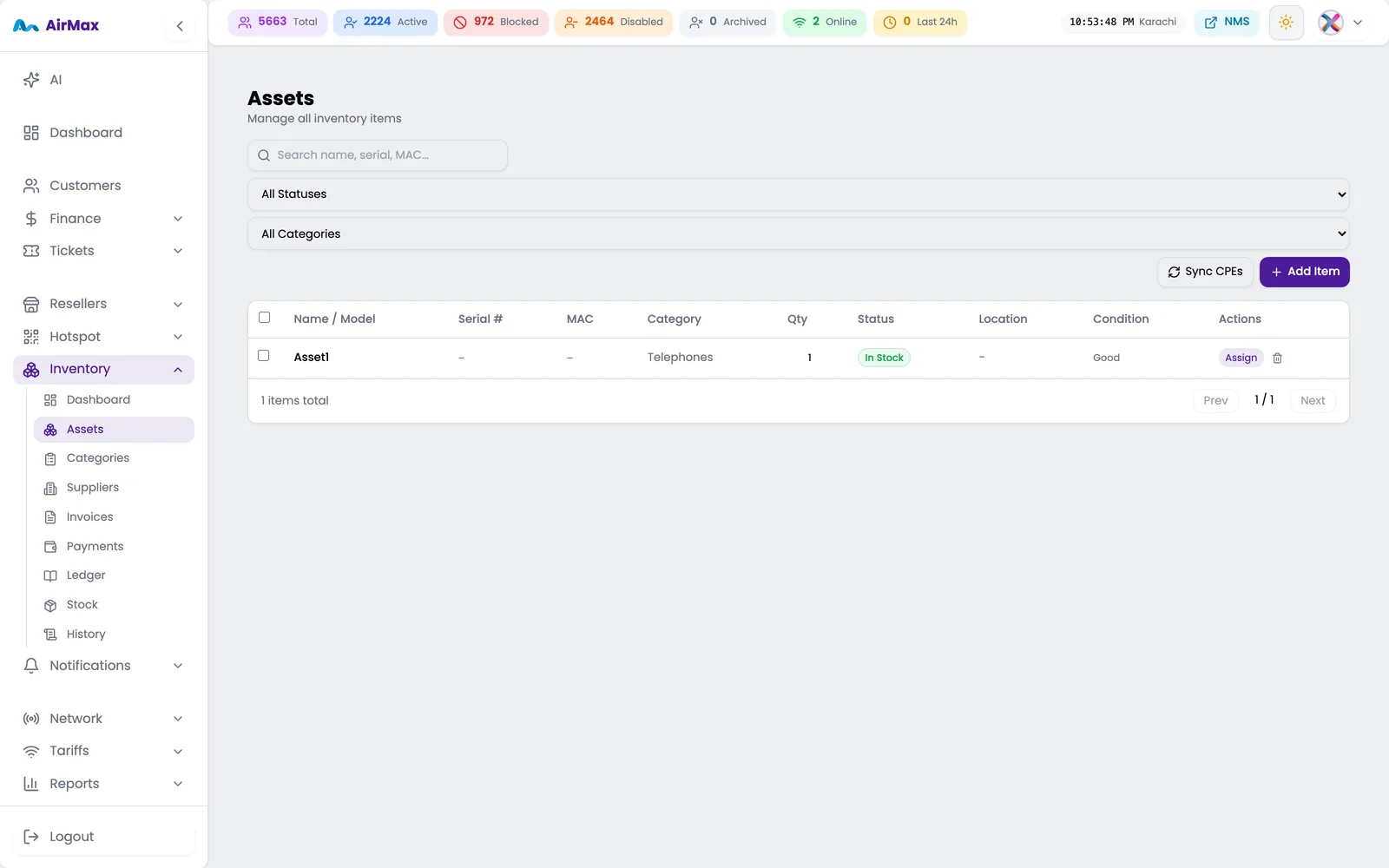 Assets list with serial, MAC, category, status, location and condition columns