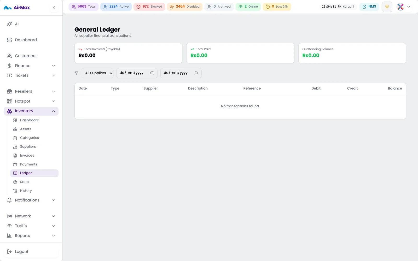 General ledger with total invoiced, total paid and outstanding balance
