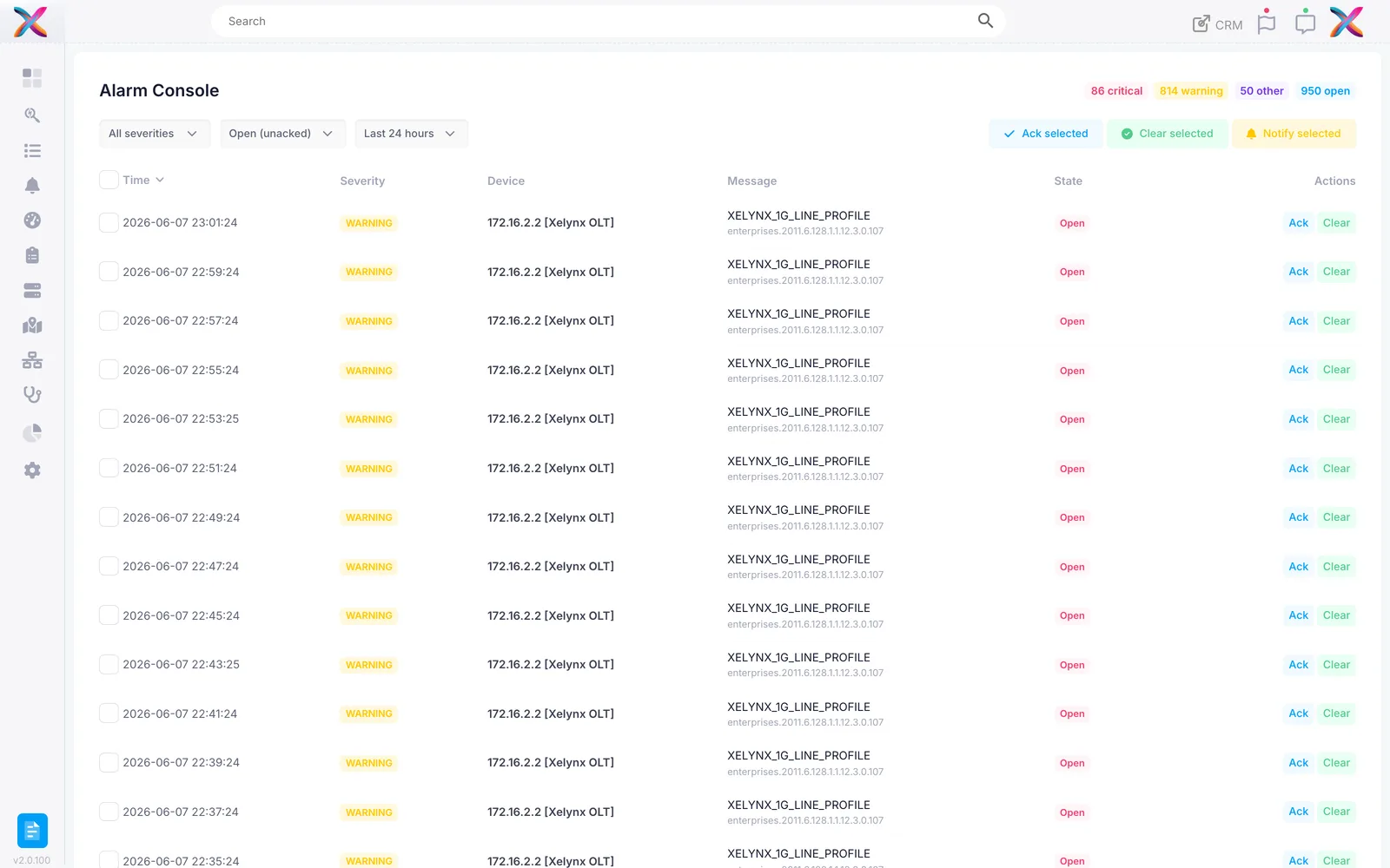 Alarm console listing active network faults