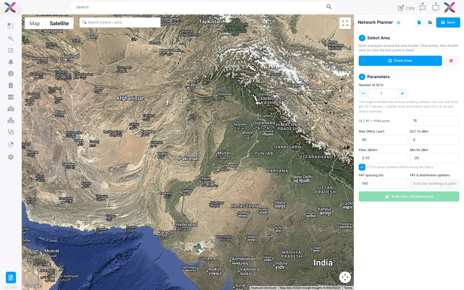 AI Network Planner placing FTTH infrastructure over a satellite map