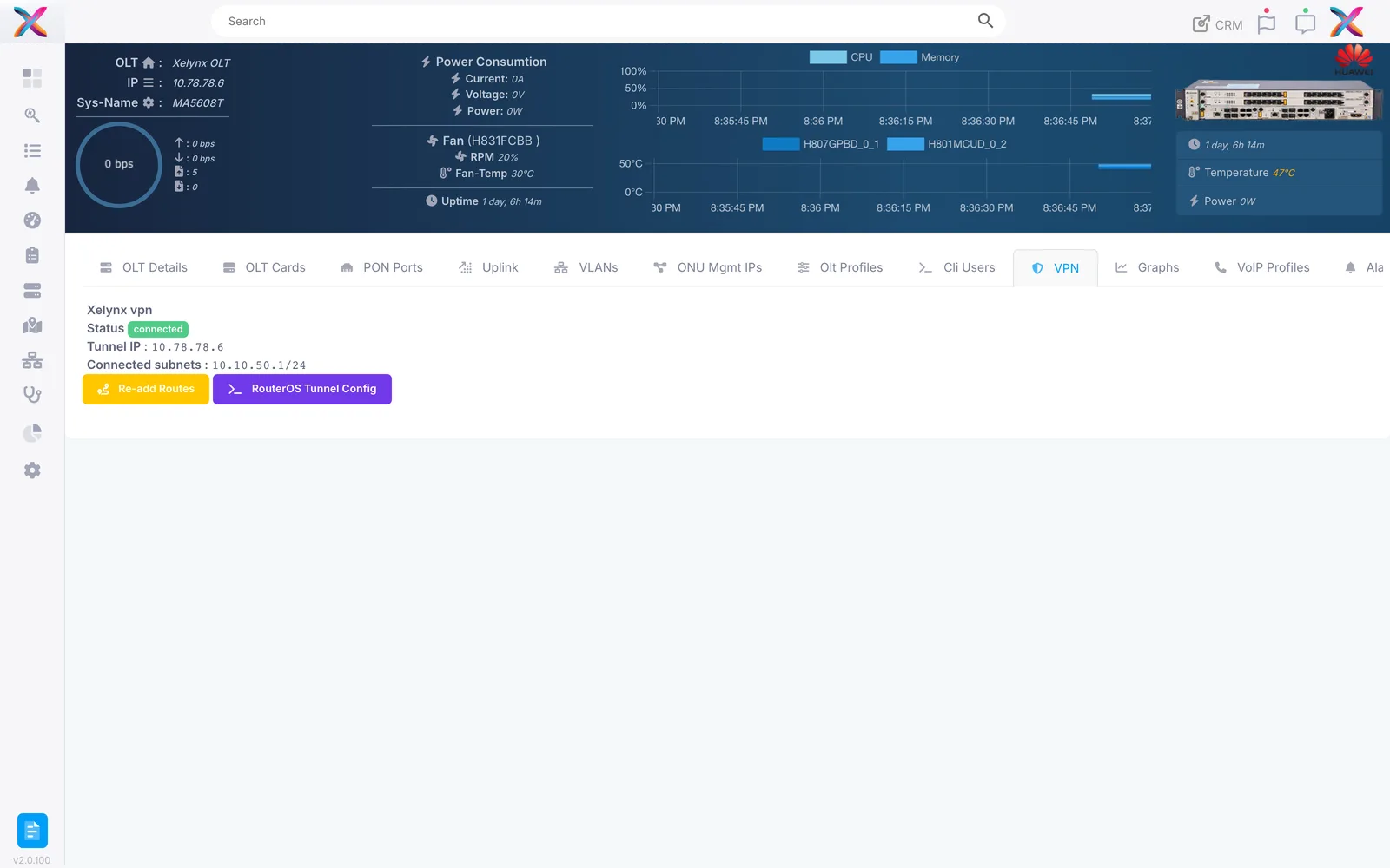 OLT VPN tunnel status alongside RouterOS tunnel configuration