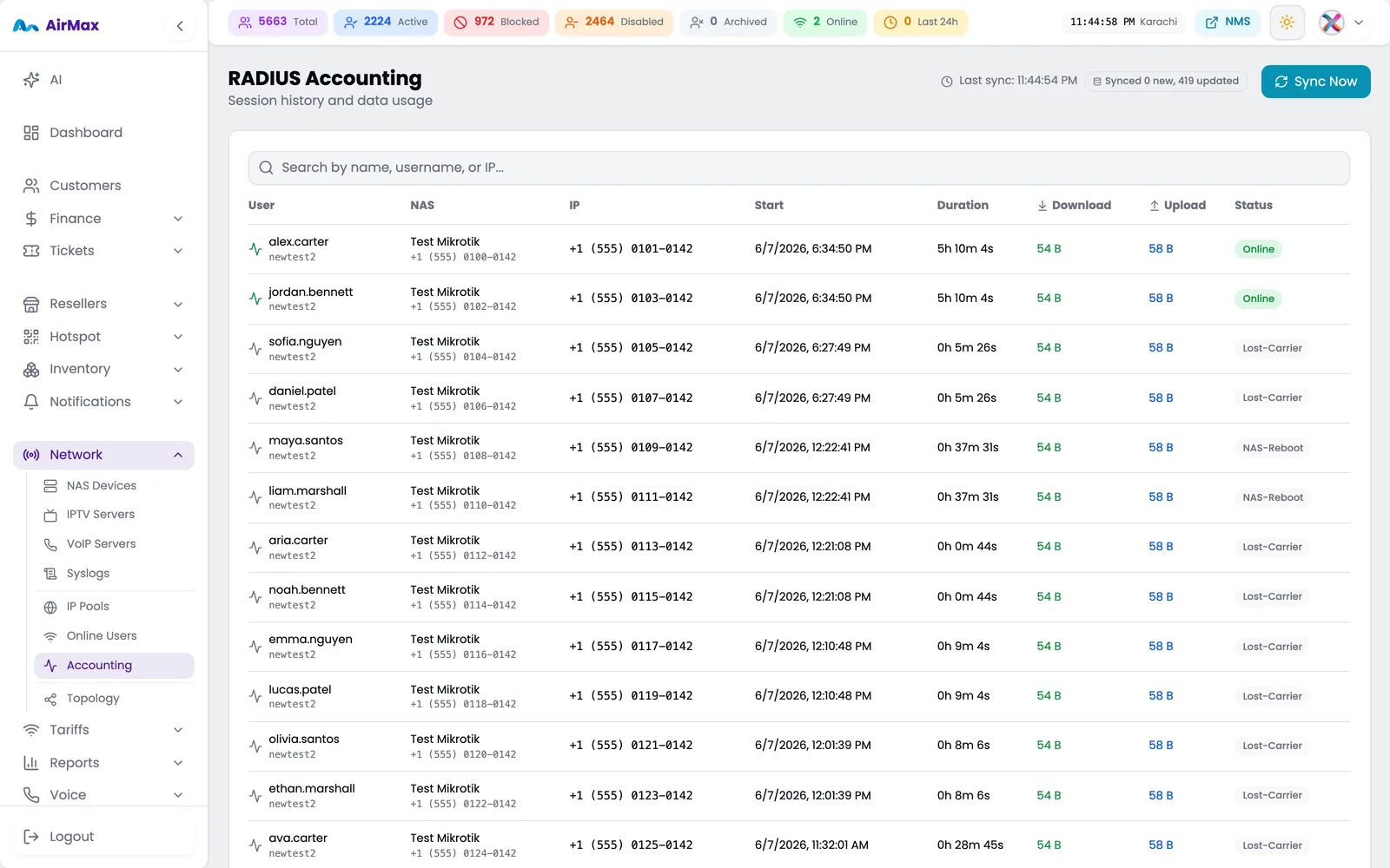 RADIUS accounting — session history and data usage