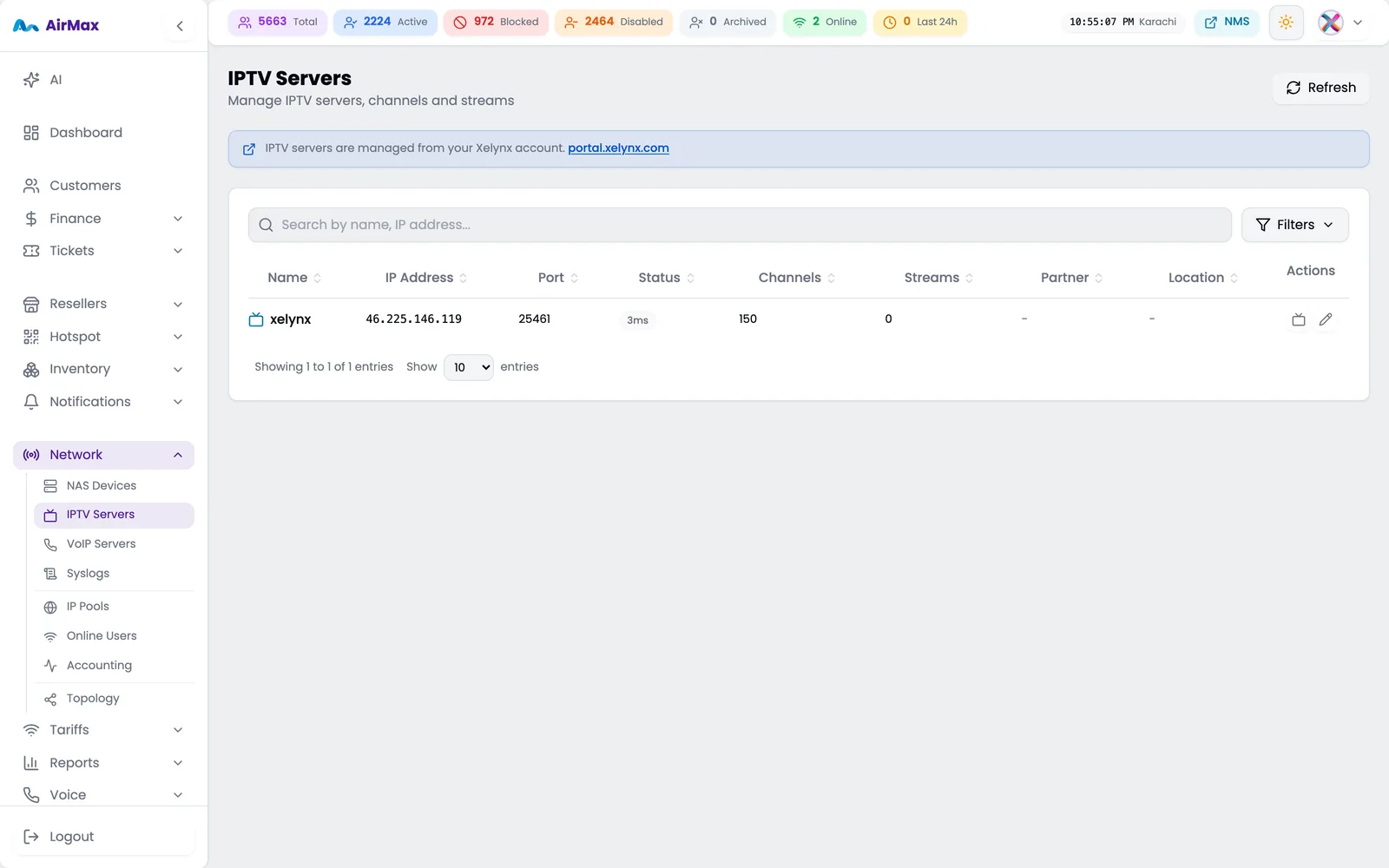 IPTV server dashboard with channels, streams, live status and latency