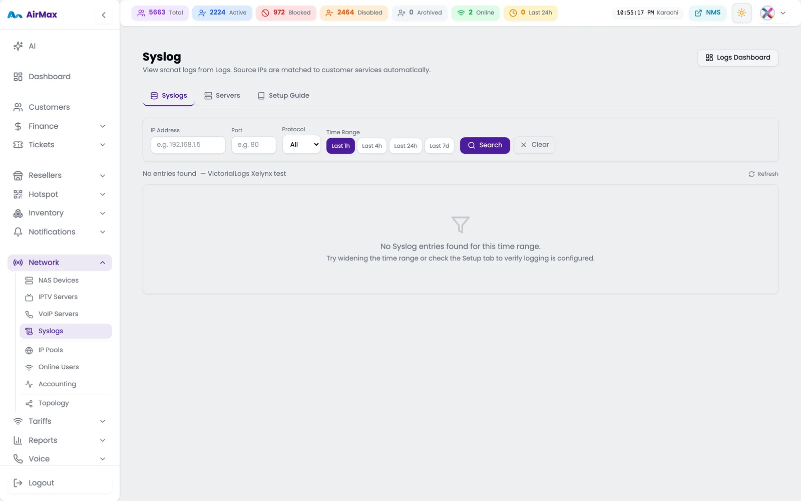 Syslog console with IP, port, protocol and time-range filters